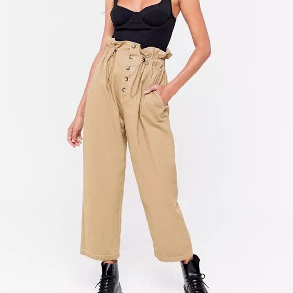 Urban Outfitters | Terra High-Waisted Paperbag Pants Button Fly Trousers Size S - Picture 2 of 11